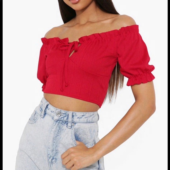 NEW BooHoo red TALL BANDAGE PEASANT CORSET TOP - Picture 1 of 4